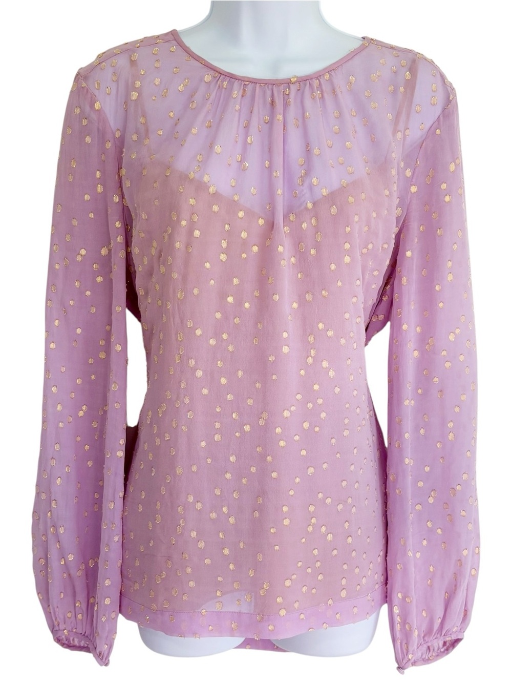 BCBG MAXAZRIA Martina Silk Long Sleeve Blouse Purple Gold Polka Dots Large